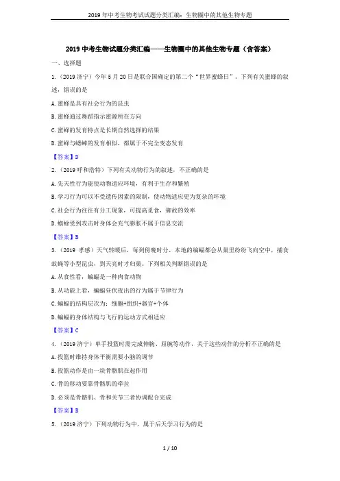 2019年中考生物考试试题分类汇编：生物圈中的其他生物专题