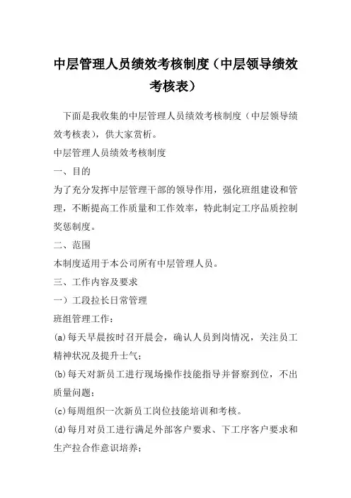 中层管理人员绩效考核制度(中层领导绩效考核表)