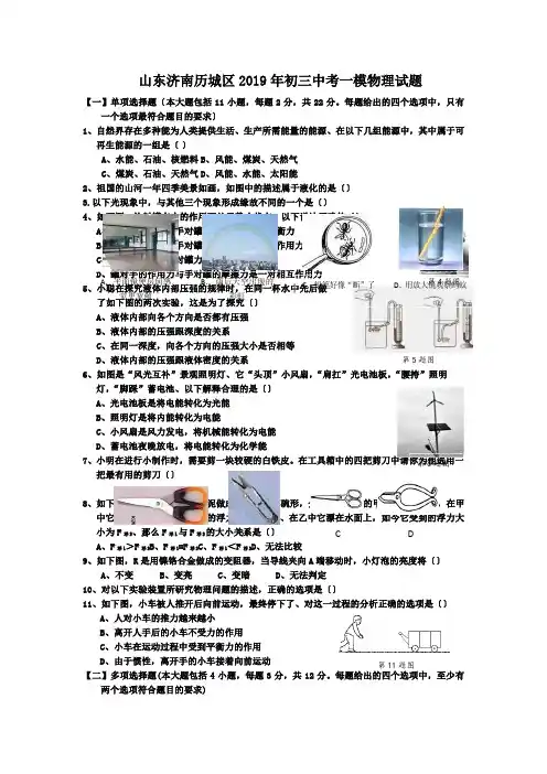 山东济南历城区2019年初三中考一模物理试题