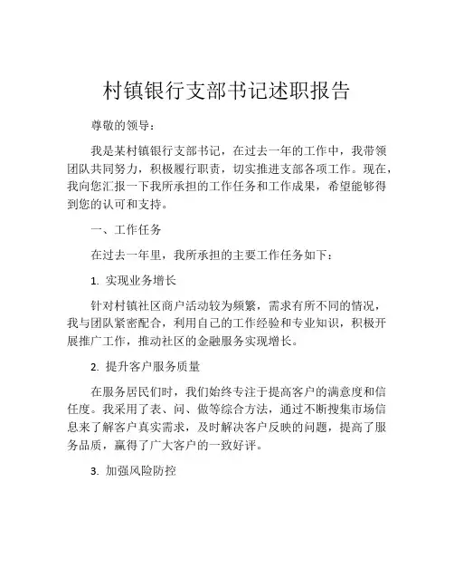 村镇银行支部书记述职报告