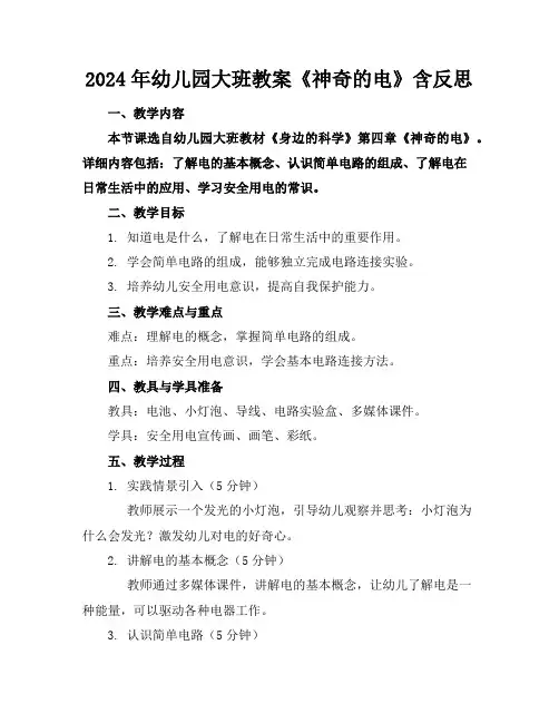 2024年幼儿园大班教案《神奇的电》含反思