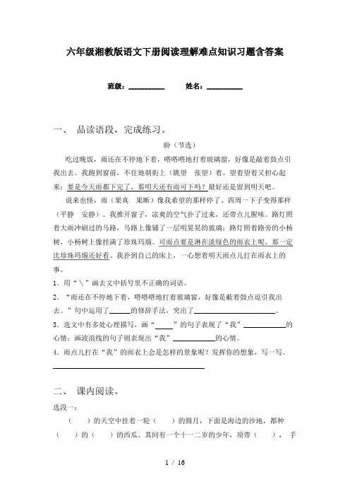 六年级湘教版语文下册阅读理解难点知识习题含答案