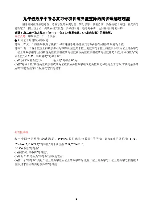 【精品专题训练】九年级数学中考总复习专项训练专题典型整除的阅读理解题题型