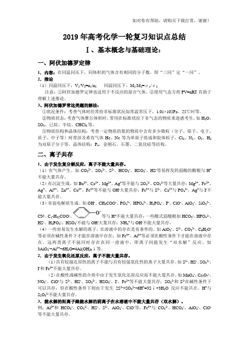 2019年高考化学第一轮复习知识点总结