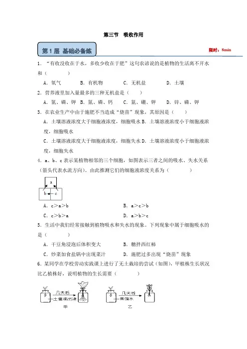 北师大版(2024)七年级生物上册第三单元第四章第三节《吸收作用》优质练习