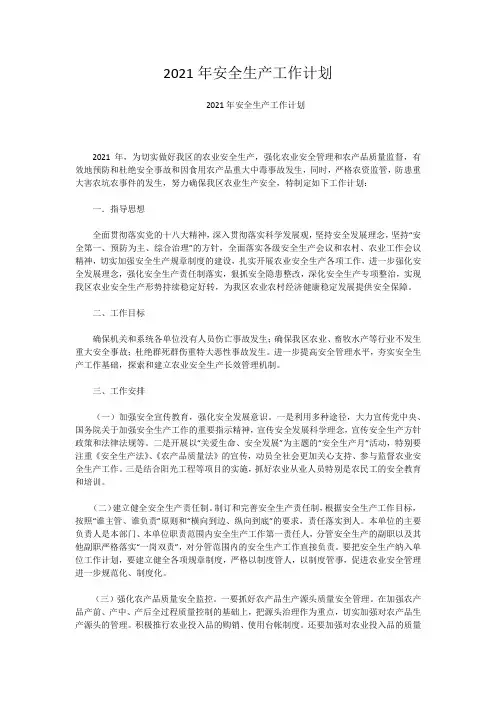 2021年安全生产工作计划