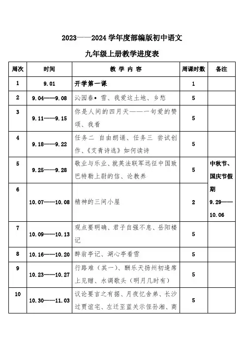 2023年秋学期部编版初中语文九年级上册教学进度表