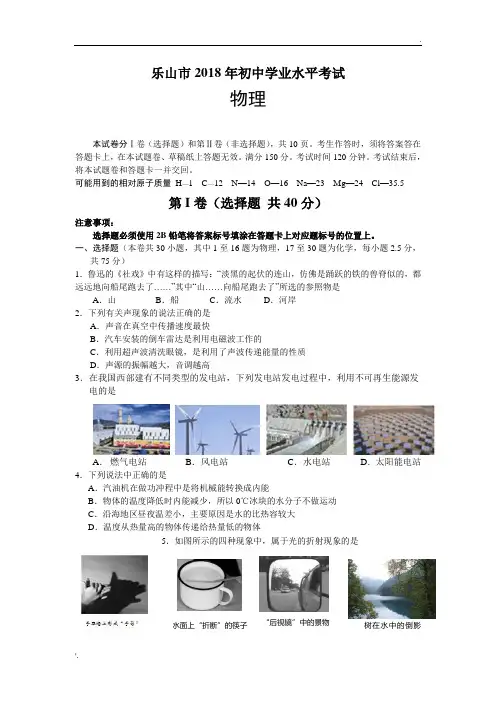 四川省乐山市2018年中考物理试题及答案(word版)