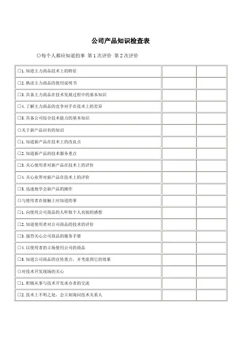 公司产品知识检查表