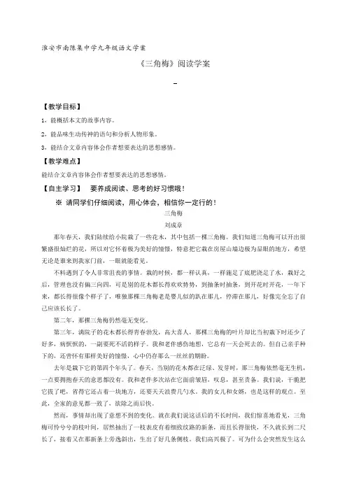 江苏省淮安市淮阴区南陈集中学苏教版九年级中考复习语文阅读 《三角梅》教学案