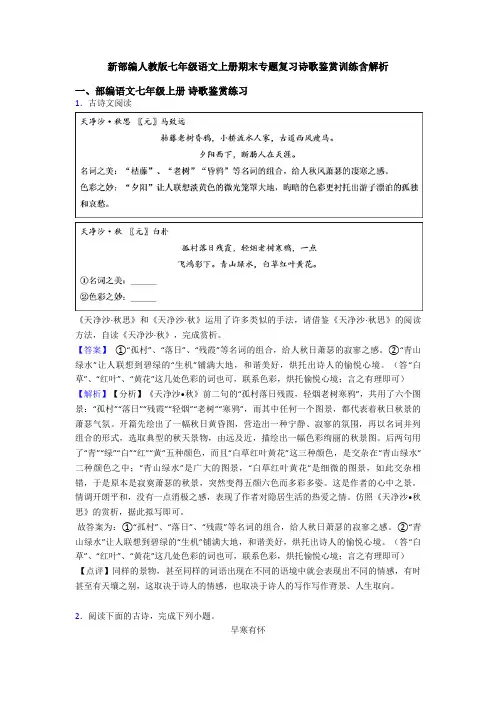 新部编人教版七年级语文上册期末专题复习诗歌鉴赏训练含解析