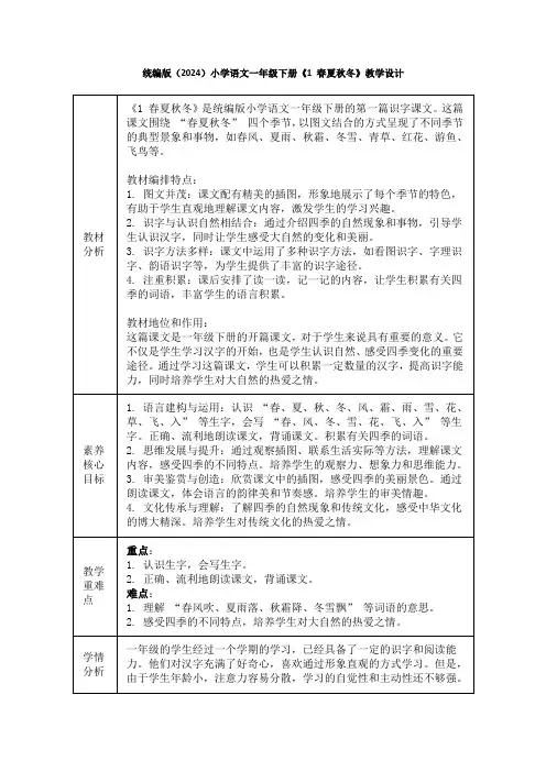 2025统编版(2024)小学语文一年级下册《1 春夏秋冬》教学设计
