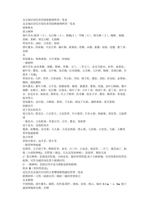 北京地区绿化常用园林植物种类一览表