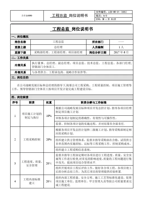 岗位说明书(工程总监)