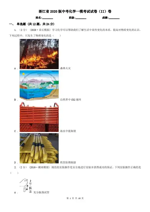 浙江省2020版中考化学一模考试试卷(II)卷(新版)