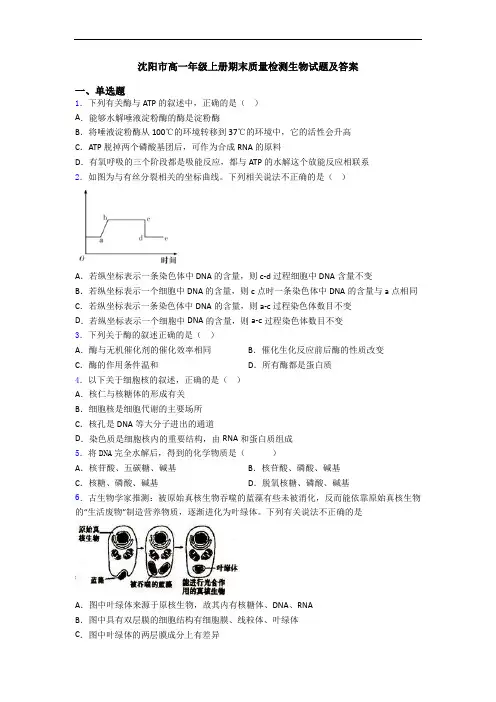 沈阳市高一年级上册期末质量检测生物试题及答案