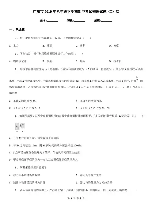 广州市2019年八年级下学期期中考试物理试题(I)卷