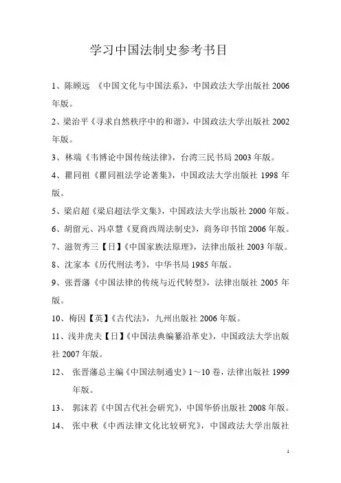 特别推荐：中国法制史参考书目