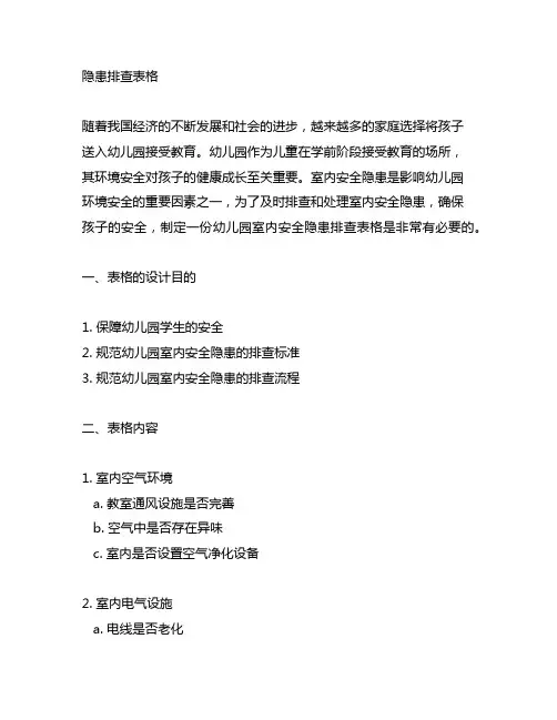 幼儿园室内安全隐患排查表格 幼儿园室内安全
