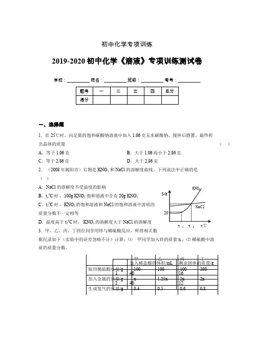 2019-2020学年初中化学《溶液》专项训练模拟测试(含答案) (335)
