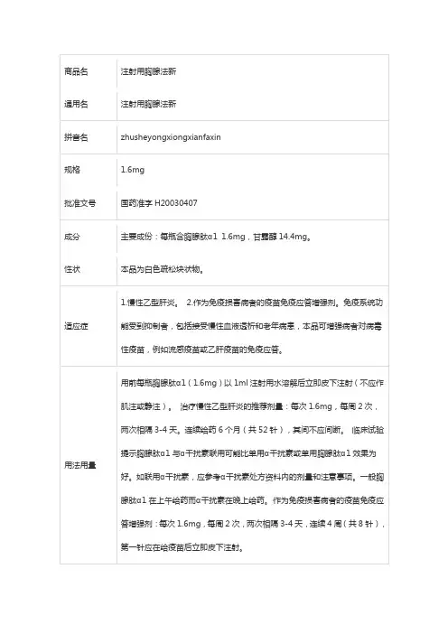 注射用胸腺法新 说明书