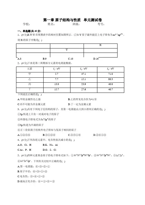 2022-2023学年人教版(2019)选择性必修二第一章 原子结构与性质   单元测试卷(含答案)