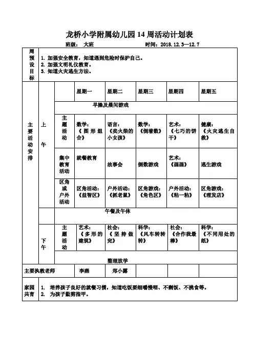 中班第14周周计划