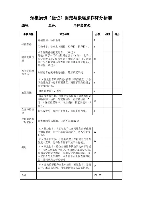 颈椎损伤的固定与搬运操作评分标准
