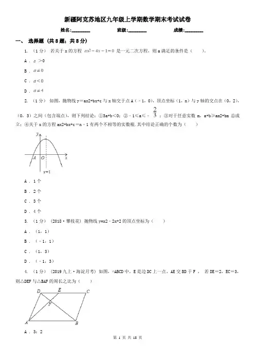 新疆阿克苏地区九年级上学期数学期末考试试卷