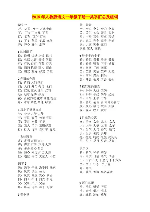 2019年人教版语文一年级下册一类字汇总及组词