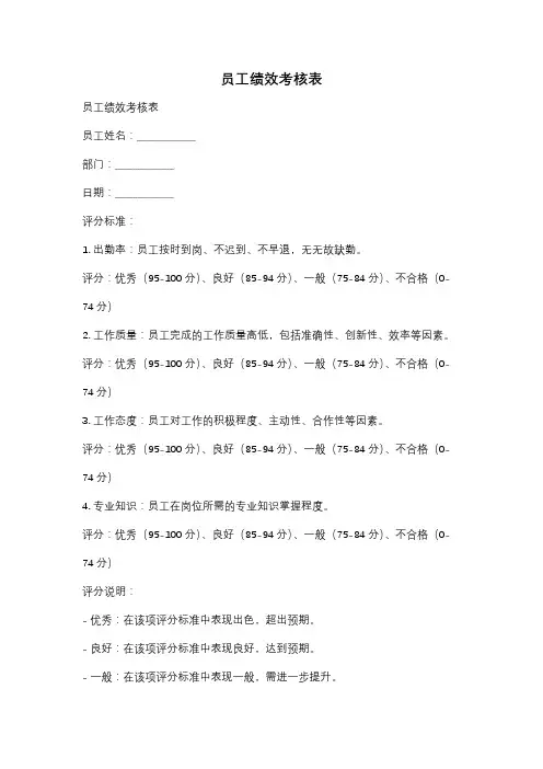 员工绩效考核表