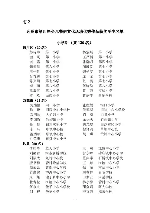 达州市第四届少儿书信文化活动优秀作品获奖学生名单