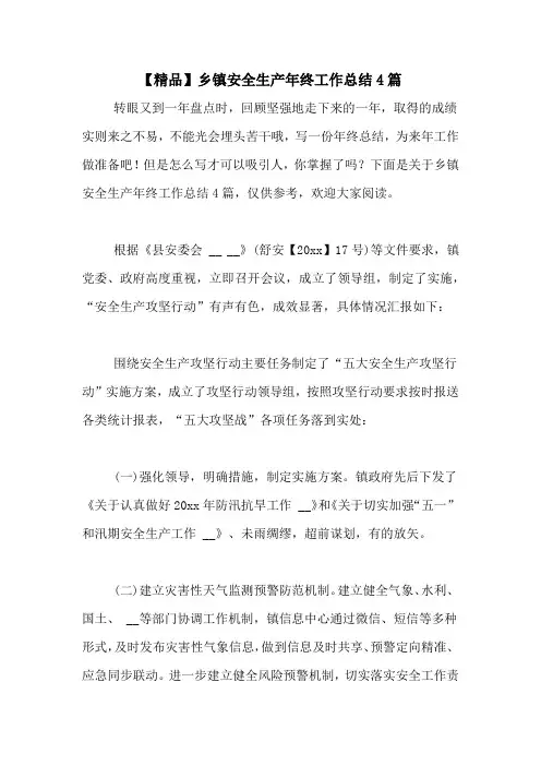 2020年【精品】乡镇安全生产年终工作总结4篇