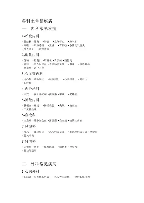 各科室常见疾病