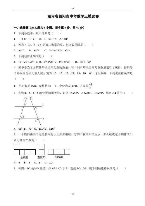 2020届湖南省益阳市中考数学三模试卷(有答案)(加精)