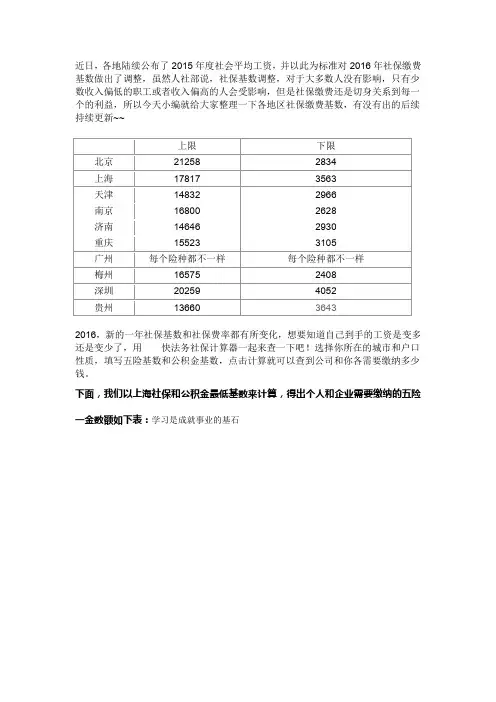 2016年各地区社保缴费基数一览