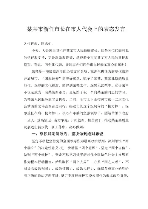 某某市新任市长在市人代会上的表态发言