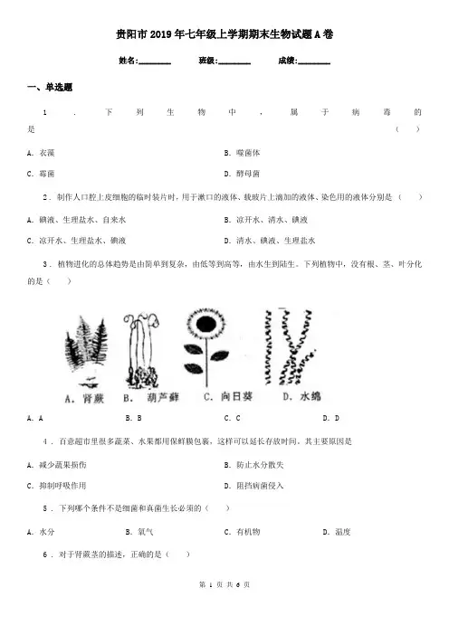 贵阳市2019年七年级上学期期末生物试题A卷
