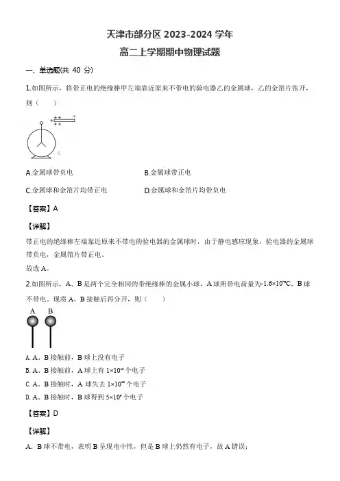 天津市部分区2023-2024学年高二上学期期中物理试题含答案解析