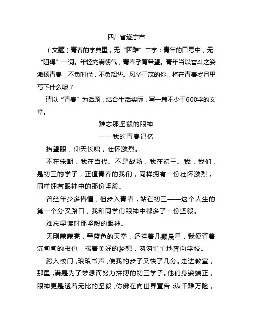 四川遂宁中考满分作文《难忘那坚毅的眼神——我的青春记忆》