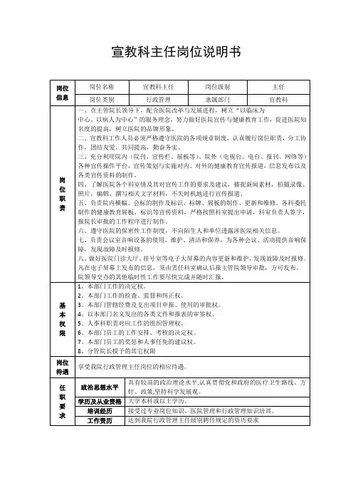 医院科普宣教科主任岗位责任说明书