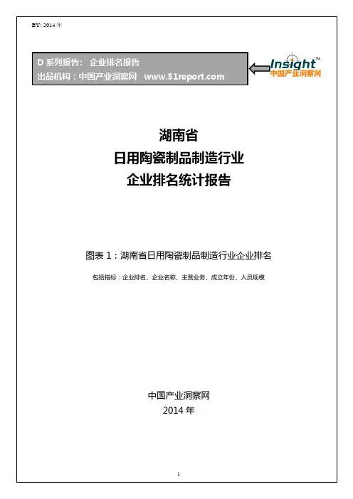 湖南省日用陶瓷制品制造行业企业排名统计报告