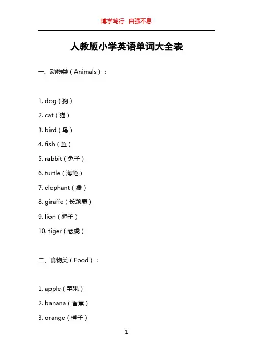 人教版小学英语单词大全表
