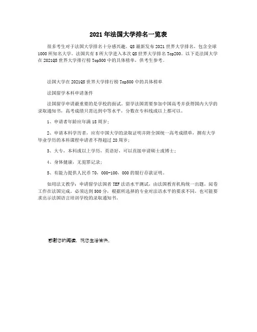 2021年法国大学排名一览表