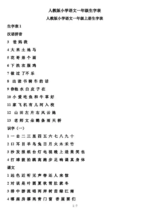 人教版小学语文一年级生字表