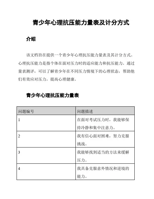 青少年心理抗压能力量表及计分方式