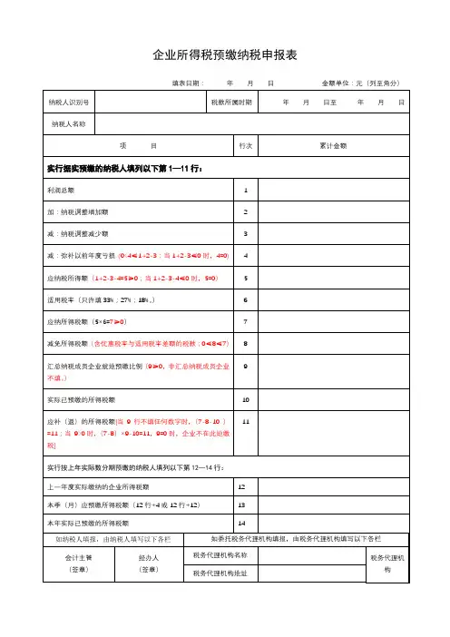 企业所得税预缴纳税申报表【模板】
