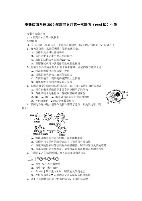 安徽皖南八校2019年高三9月第一次联考(word版)生物