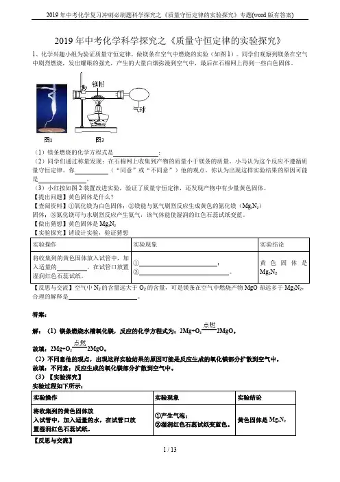 2019年中考化学复习冲刺必刷题科学探究之《质量守恒定律的实验探究》专题(word版有答案)