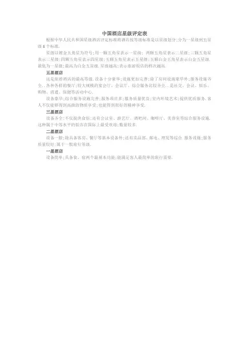 中国酒店星级评定表